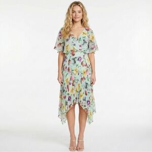Kensie Floral Chiffon Midi Dress 14 NWT V-Neck Pleated Handkerchief Hem Wedding